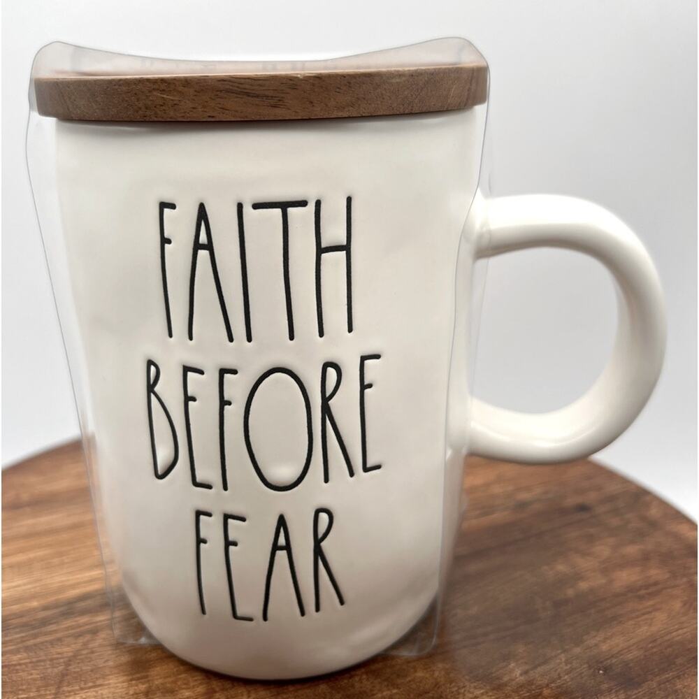 Rae Dunn FAITH BEFORE FEAR Mug Ceramic Coffee Cup Farmhouse Christian Travel Mug - Picture 1 of 5